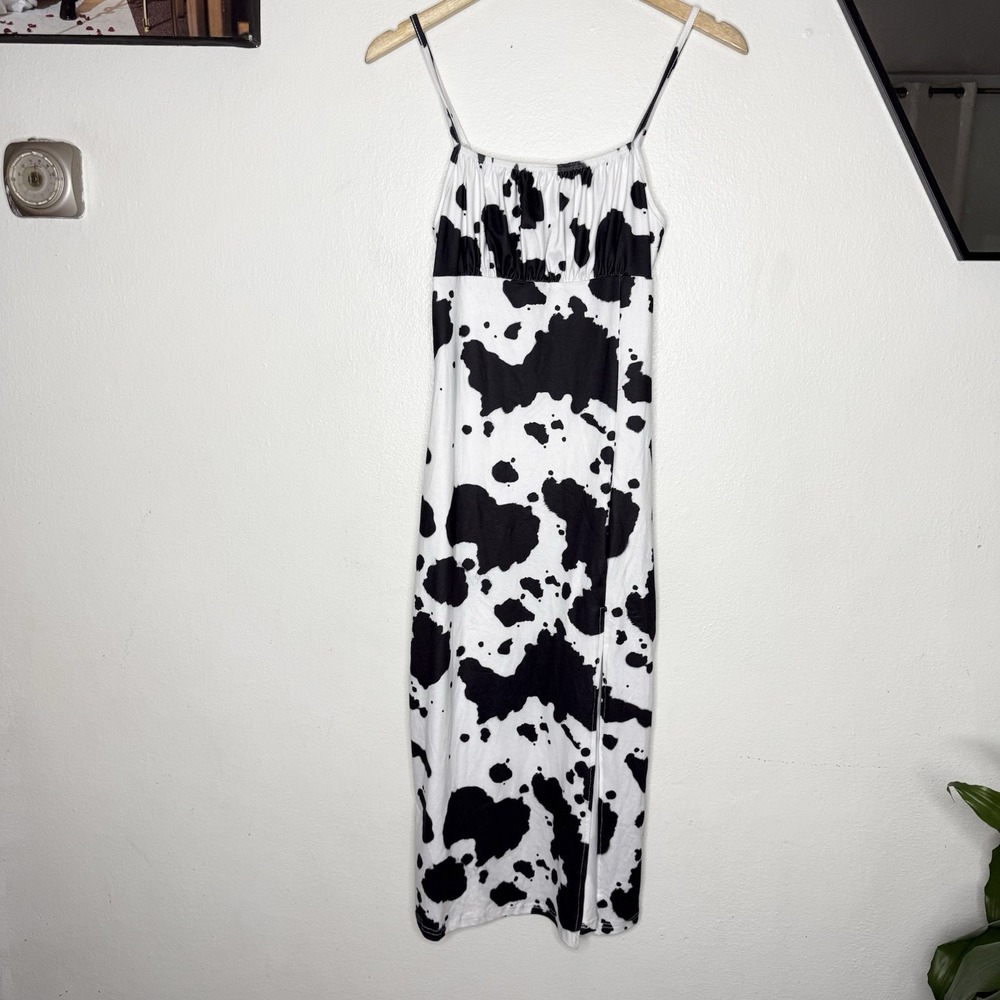New Verdura Black White Cow Print Midi Sleeveless Dress Slit Women's Medium